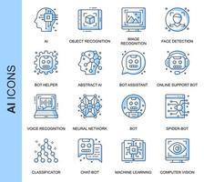 Blue Thin Line Artificial Intelligence Ensemble d&#39;icônes connexes vecteur