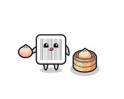 personnage de code-barres mignon mangeant des petits pains cuits à la vapeur vecteur