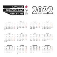 calendrier 2022 en anglais, la semaine commence le lundi. vecteur