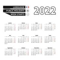 calendrier 2022 en français, la semaine commence le lundi. vecteur