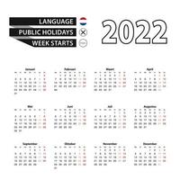 calendrier 2022 en néerlandais, la semaine commence le lundi. vecteur