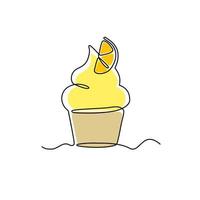 dessin d'une seule ligne de cupcake au citron, comme modèle, étiquette de produit, bannière ou affiche, journée nationale du cupcake. illustration vectorielle. vecteur