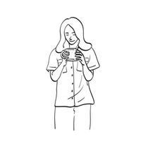 femme en pyjama tenant une tasse de café illustration vecteur dessiné à la main isolé sur fond blanc dessin au trait.