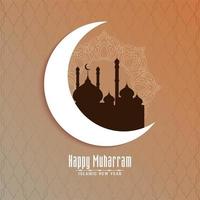 Heureux Muharran croissant de lune et mosquée fond vecteur