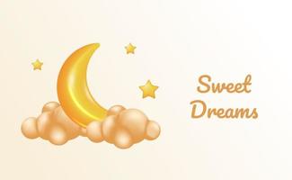 sweet dream berceuse lune jaune 3d et étoile avec nuage. bonne nuit concept d'illustration de douche de bébé. vecteur