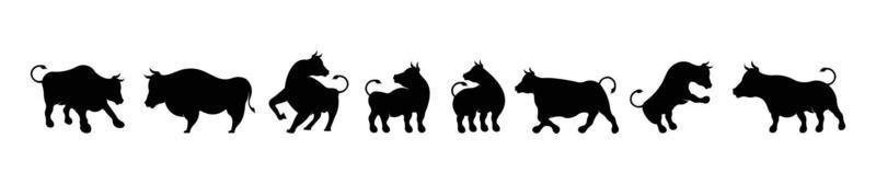 vache définie silhouette noire sur fond blanc. silhouette de taureau et de vache ensemble d'icônes d'animaux vectoriels vecteur