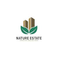 vecteur de logo immobilier nature, modèle de logo feuille avec bâtiment