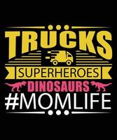 camions super-héros dinosaures conception de t-shirt momlife vecteur