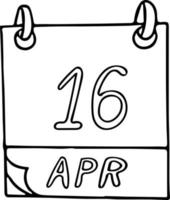 calendrier dessiné à la main dans un style doodle. 16 avril. journée mondiale de la voix, date. icône, élément autocollant pour la conception. planification, affaires, vacances vecteur