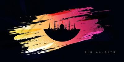 eid el fitr moubarak. fond islamique avec mosquée et style de pinceau coloré. joyeux eid mubarak illustration pour bannière ou affiche vecteur