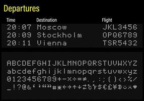 led électronique police numérique, lettres, chiffres et symboles illustration vectorielle pour le panneau de l'aéroport, les informations sur les trains et le tableau de bord sportif - police blanche vecteur