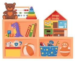 jouets et livres pour enfants sur des étagères en bois