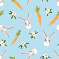 lapin de pâques, carotte, modèle sans couture de vecteur de camomille. lapin, légume, fleur, texture de vacances. fond de printemps.