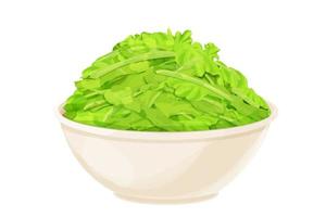 feuilles de laitue hachées dans un bol en style cartoon isolé sur fond blanc, ingrédient brut sain, plat végétarien. illustration vectorielle vecteur