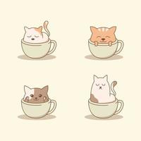 chat mignon assis sur la collection de tasses vecteur