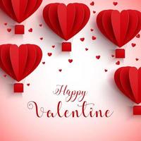 illustration vectorielle de carte de voeux happy valentines day avec forme de coeur découpé en papier réaliste volant ballon à air chaud sur fond rouge vecteur