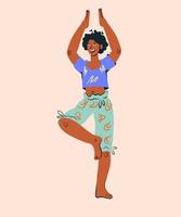 personnage de dessin animé de jolie femme afro-américaine pratiquant l'équilibre du yoga asana. concept de remise en forme santé et bien-être ou élément de logo. illustration de vecteur plat isolé.