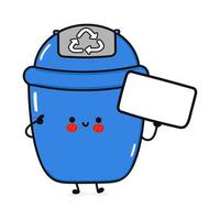 jolie poubelle drôle avec affiche. icône d'illustration de personnage de dessin animé kawaii dessiné à la main de vecteur. isolé sur fond blanc. corbeille peut penser concept vecteur