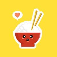 personnage de bol de riz mignon et kawaii isolé sur fond de couleur. bol de riz avec emoji et expression. peut être utilisé pour le restaurant, le resto, la mascotte, l'élément de culture asiatique, la cuisine chinoise, la cuisine japonaise, le menu. vecteur