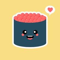 joli rouleau de sushi kawaii au caviar. repas traditionnel japonais. style manga de dessin animé. personnage d'anime drôle avec un visage heureux. conception plate. illustration vectorielle à la mode. modèle de logo vecteur