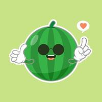 émoticône de personnage de pastèque mignon et kawaii. fruit d'été. illustration d'emoji de personnage de pastèque. illustration vectorielle de mascotte drôle de nourriture saine au design plat. vecteur