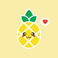 fruit d'ananas heureux avec un joli visage kawaii, un personnage végétarien drôle avec une phrase, une illustration de style plat pour une affiche d'enfant et un t-shirt d'été, isolé sur fond de couleur vecteur