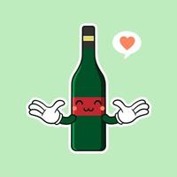 illustration vectorielle de style plat de personnage de dessin animé de bouteille de vin mignon et kawaii. modèle de conception de personnage de bouteille de vin en verre souriant funky pour la carte des vins ou la carte des vins vecteur