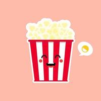 mignon et kawaii pop-corn pop-corn dans une boîte de seau rouge illustration vectorielle de cinéma snack icône de personnage de dessin animé au design plat.