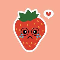 personnage de dessin animé de fraise de fruits mignon isolé sur illustration vectorielle de fond de couleur. icône de visage drôle d'émoticône de fraise positive et amicale. kawaii sourire dessin animé visage nourriture emoji, fruit comique vecteur