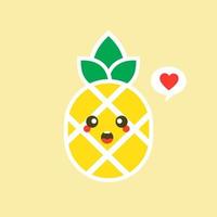 fruit d'ananas heureux avec un joli visage kawaii, un personnage végétarien drôle avec une phrase, une illustration de style plat pour une affiche d'enfant et un t-shirt d'été, isolé sur fond de couleur vecteur