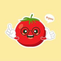 illustration vectorielle de conception plate de personnage de tomate mignon et kawaii. illustration vectorielle de légume heureux. nourriture verte, peut être utilisée dans le menu du restaurant, les livres de cuisine et l'étiquette de la ferme biologique vecteur