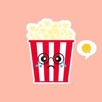 mignon et kawaii pop-corn pop-corn dans une boîte de seau rouge illustration vectorielle de cinéma snack icône de personnage de dessin animé au design plat. vecteur