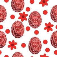 oeufs de pâques en motif harmonieux de couleur rouge, oeufs de vacances à motifs, fleurs et points sur fond blanc vecteur