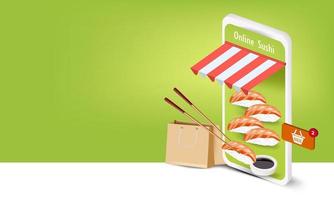 sushi avec sauce et baguettes dans l'application smartphone pour la commande de sushi en ligne vecteur