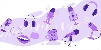 conception de couverture de podcast dans un style tendance et une couleur de velours violet. microphones, appareils d'enregistrement sonore, écouteurs, une mouette avec une boisson chaude. illustration vectorielle plane dessinée à la main. vecteur