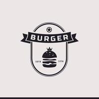 burger d'emblème de badge rétro vintage, hamburger, gros burger, inspiration de conception de logo de restaurant vecteur