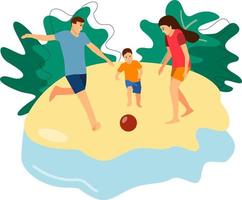 les parents jouent au football avec leur fils sur la plage. le concept d'une famille amicale. bonne journée en famille. vecteur