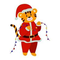 illustration de dessin animé pour les enfants. un tigre en costume de père noël tient une guirlande. vecteur