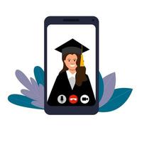 graduation, bonnet carré du diplômé, manteau. téléphone, lien vidéo, femme vecteur