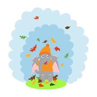 un éléphant de dessin animé mignon et heureux dans un chapeau est assis dans une clairière, jetant des feuilles d'automne. vecteur