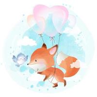 Joli petit foxy volant avec ballon vecteur