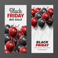 affiche de vente du vendredi noir avec des ballons brillants sur fond noir et blanc. arrière-plan vectoriel universel pour affiches, bannières, dépliants, cartes. illustration vectorielle