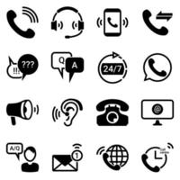 ensemble d'icônes simples sur un thème support technique, service, questions, réponses, communication, bureau, internet, marketing, publicité, image vectorielle, ensemble. icônes noires isolées sur fond blanc vecteur