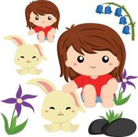 fille avec son lapin clipart belles fleurs parfaites pour la décoration de pâques ou de printemps vecteur