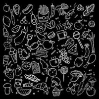 vecteur défini des icônes avec des aliments. vecteur de doodle avec des icônes d'aliments sur fond noir. icônes de jeu de nourriture vintage, fond d'éléments sucrés pour votre projet, menu, boutique de café.