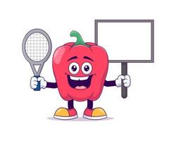 poivron rouge jouant au tennis mascotte de dessin animé