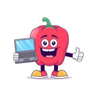 avec mascotte de dessin animé de poivron rouge pour ordinateur portable vecteur