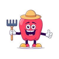 personnage de mascotte de dessin animé de poivron rouge fermier vecteur