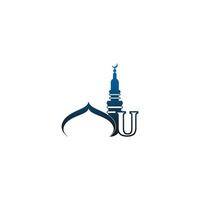 icône du logo lettre u avec illustration de conception de mosquée vecteur