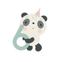 fête d'anniversaire, carte de voeux, invitation à une fête. illustration pour enfants avec panda mignon et et le numéro six. illustration vectorielle en style cartoon. vecteur